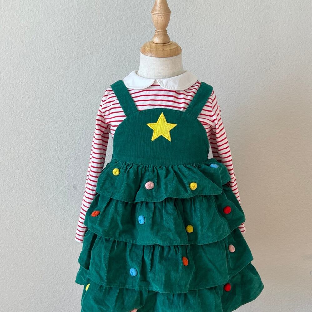 Mini Boden Christmas Tree Pinnie Dress Set - 18/24m